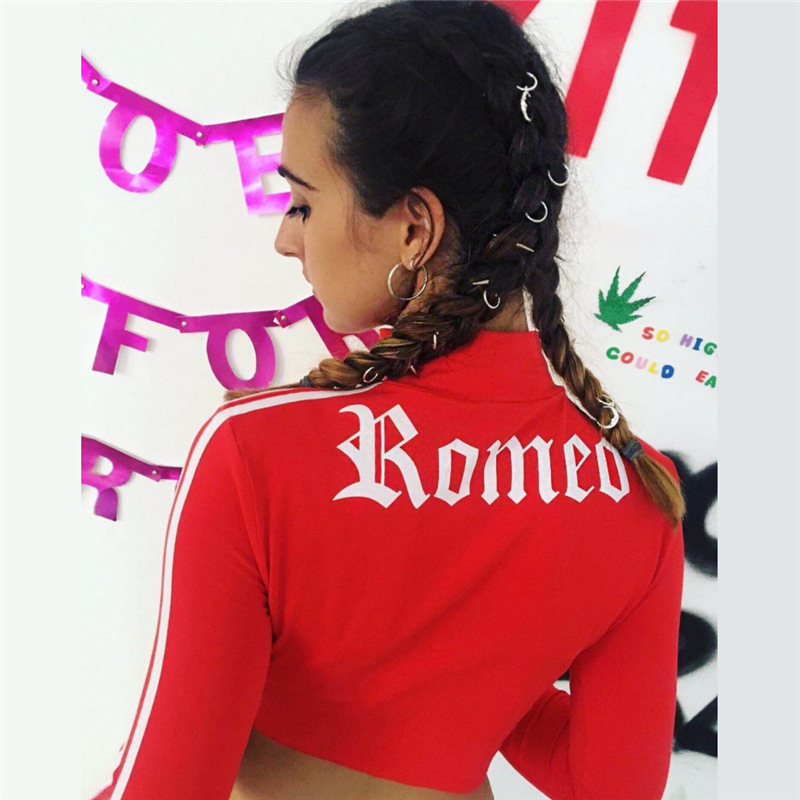 Jo Kalin 2018 New Fashion Side Stripped Red Female T-shirt Long Sleeve Letter Printed harajuku fitness t shirt Women Crop Top