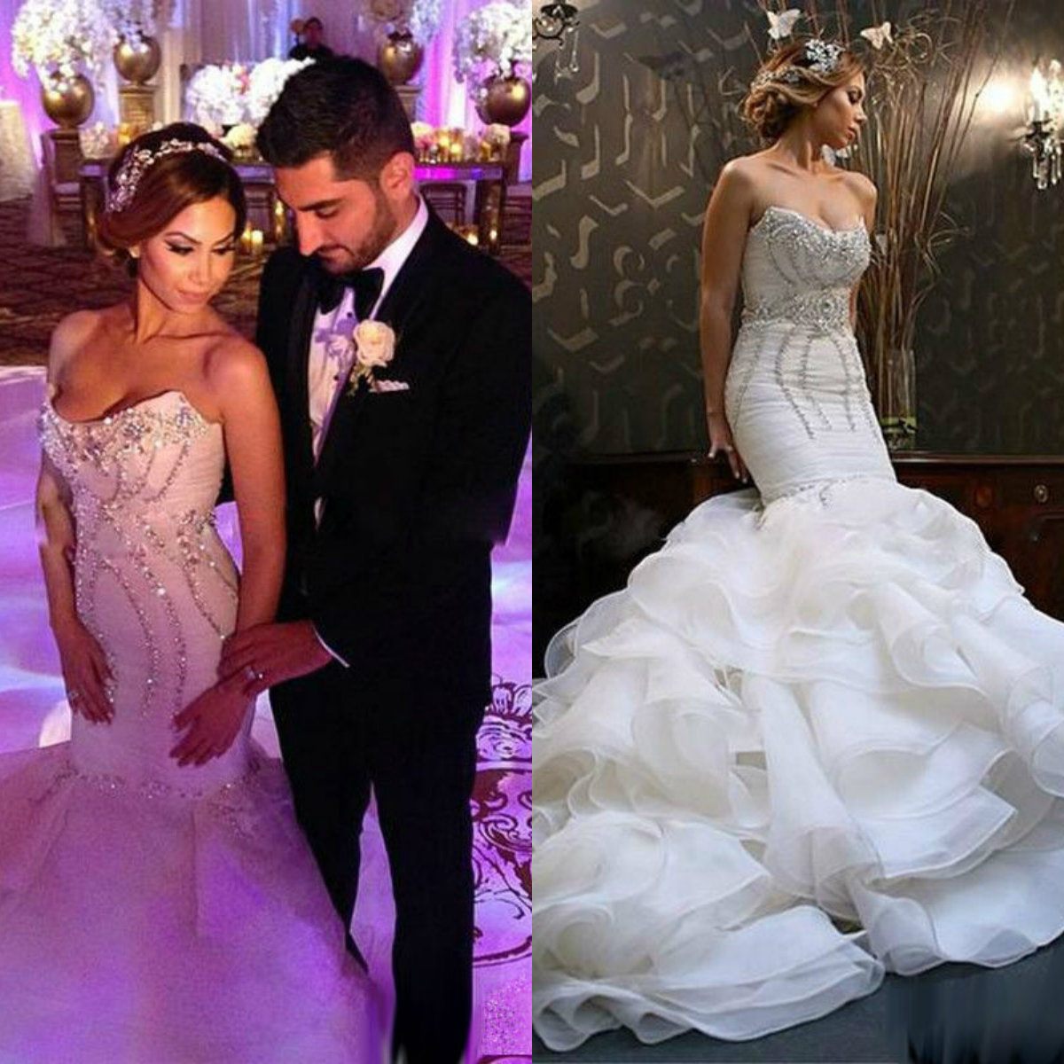 Sexy Mermaid Dress Bridal Crystals Sweetheart Neckline Tiered Ruffles Gowns Sweep Train Wedding Dresses