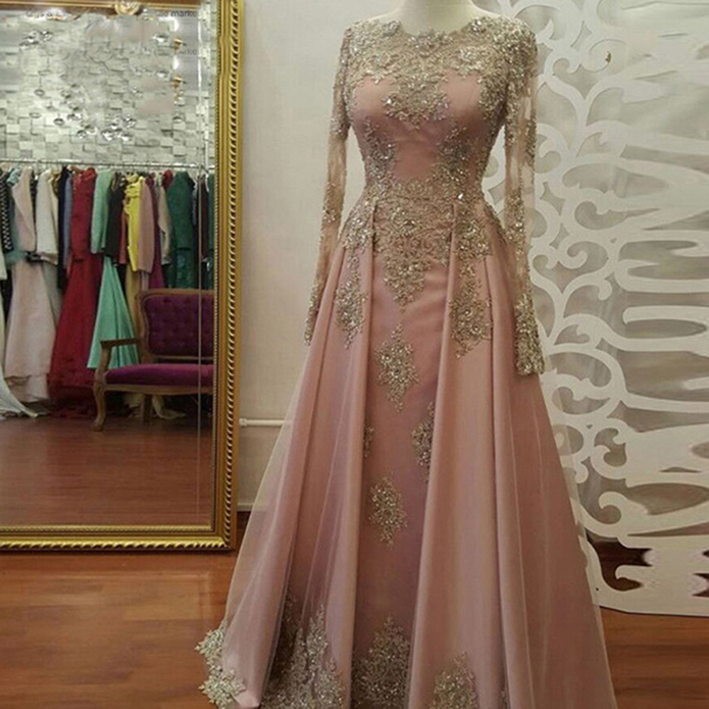 Elegant Prom Dresses Pink Gold Lace Vestido de Formatura Muslim Long Sleeve Evening Dress Formal Party Celebrity Gowns QC1097