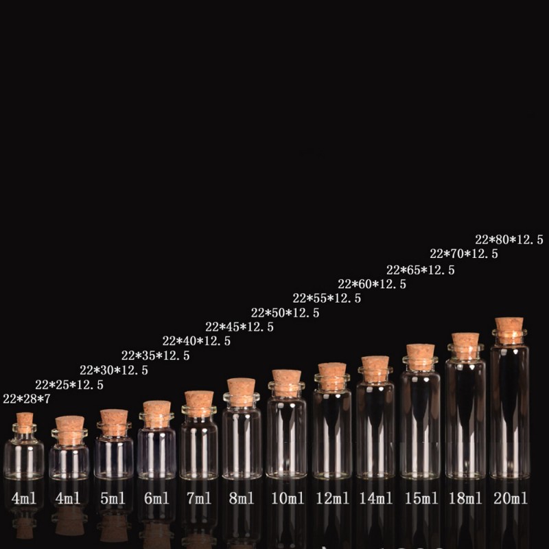 6ML 22X35X12.5MM Small Mini Clear Glass bottles Jars with Cork Stoppers/ Message Weddings Wish Jewelry Party Favors