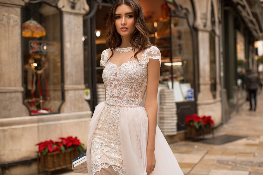 Mermaid Dresses With Detachable Skirt Short Sleeve Lace Appliques Sweep Train Country Bridal Gown Jewel Neck Plus Size Wedding Dress