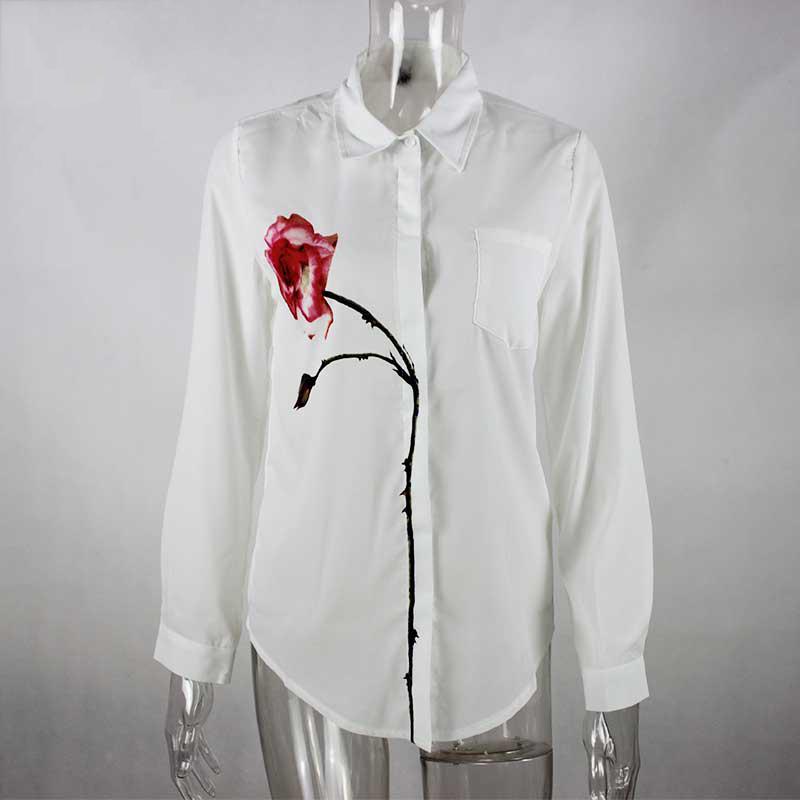 hot sale Autumn Rose Flower Printed Long Sleeve Blouse Women Turn Down Collar Chiffon Shirts White Women Clothes