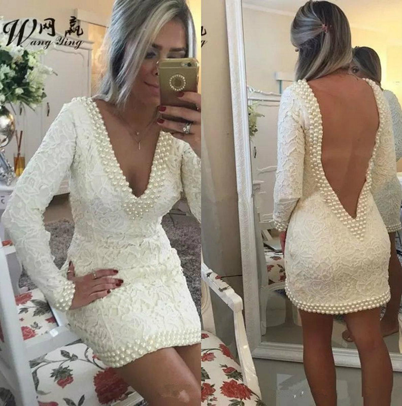 Sexy Mini Short Ivory Lace Cocktail Dresses V Neck Backless Prom Dress Pearls Long Sleeve Cheap Prom Party Gown, Champagne
Sexy Mini Short Ivory Lace Cocktail Dresses V Neck Backless Prom Dress Pearls Long Sleeve Cheap Prom Party Gown, Champagne