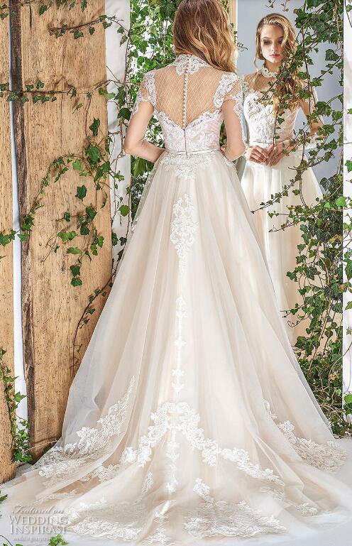 Papilio 2019 Spring Wedding Dress High Collar Sheer Long Sleeves Lace Applique Bow Belt Buttons Back Bridal Gowns Garden Wedding Dresses