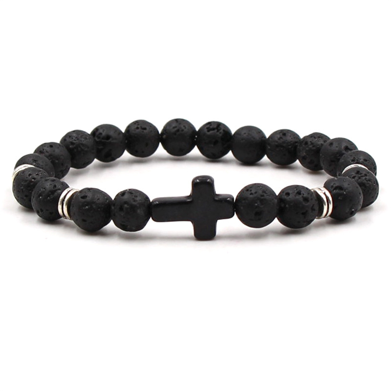Cross Charm Blue Beaded Men Bracelets 8mm Black Lava Stone Beads Bracelets Bangles for Women Yoga Jewelry