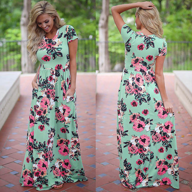 S-3XL Elegant Women Robe Summer 2018 Short Sleeve Printed Maxi Dress Fashion Sexy Boho Dress Tighten Waist Long Dress Vestidos D1891304