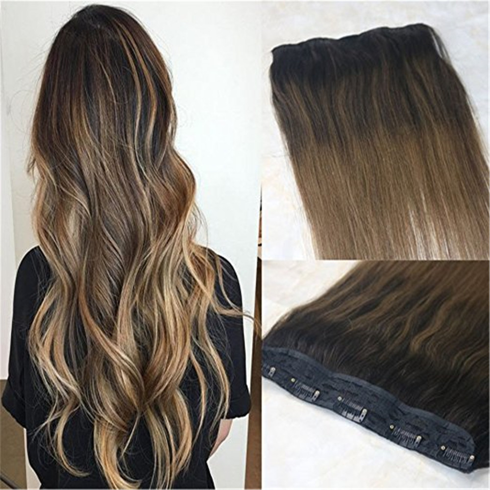 

One Piece Clip in Human Hair Extensions 70g Ombre Balayage Dark Brown to Medium Brown Remy Hair Weft Clip ins Color #2/6, #2/6 balayage color