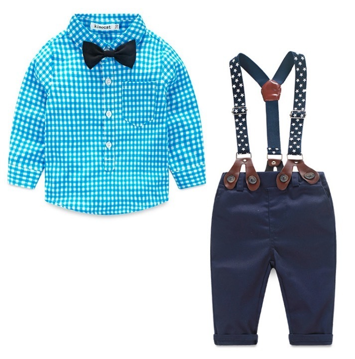 Baby Boy Clothes Spring Newborn Baby Sets Infant Kids Clothing Gentleman Suit Plaid Shirt Bow Tie Suspend Trousers 2pcs Suits