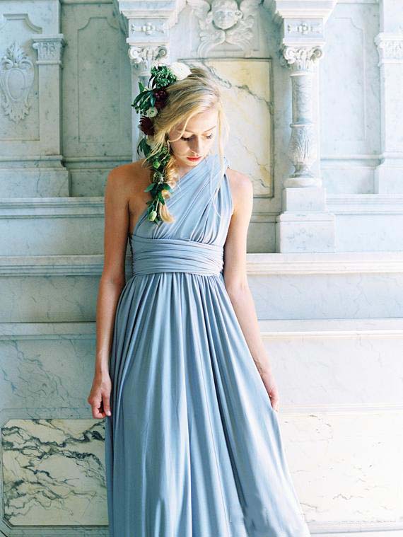 New Dusty Blue Convertible Bridesmaid Dresses Eight Ways To Wear Pleated Floor Length Country Beach Wedding Guest Party Gowns Cheap
