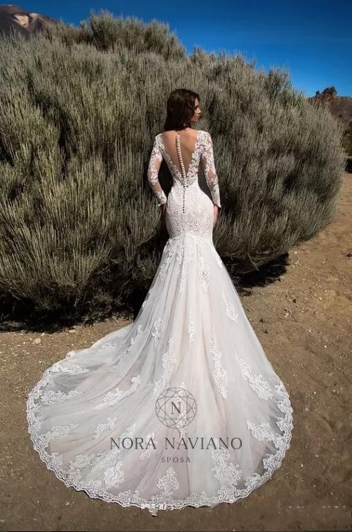 Dresses Sheer Retro Mermaid Lace Illusion Back Long Sleeves Arabic Court Train Bridal Gowns Wedding Party Dress