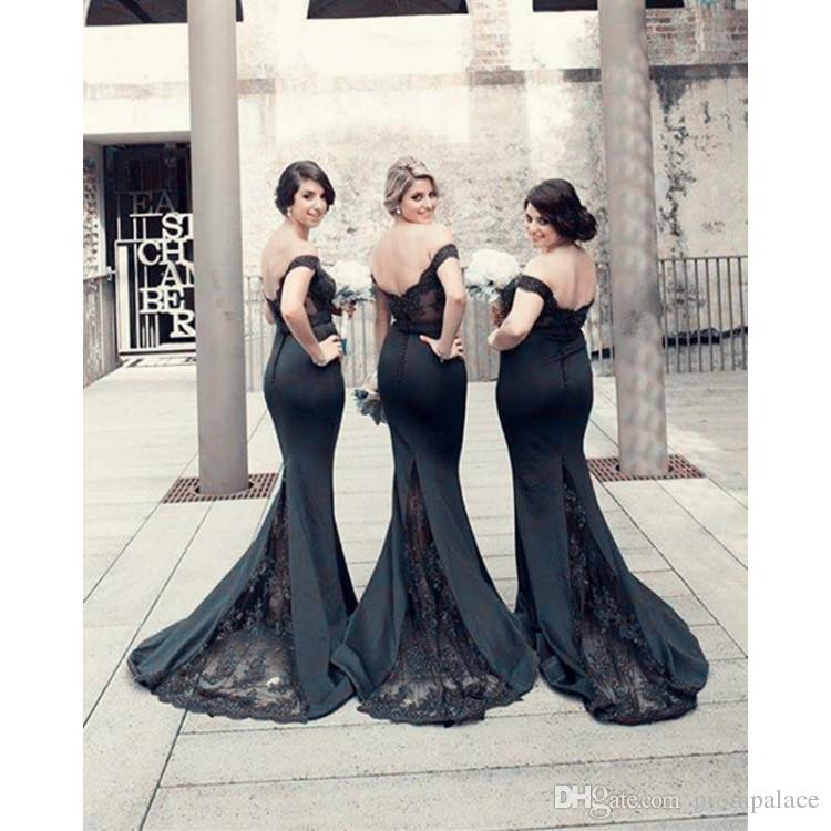 Black Mermaid Sexy Off Shoulder Lace Applique Prom Dresses For Weddings Maid Of Honor Gown Bridesmaid Gowns Vestidos S