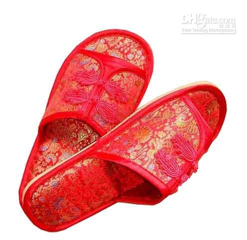 Chinese knot Silk Satin Women's Home Slippers Indoor Rubber Bottom Ladies Slipper 1pair