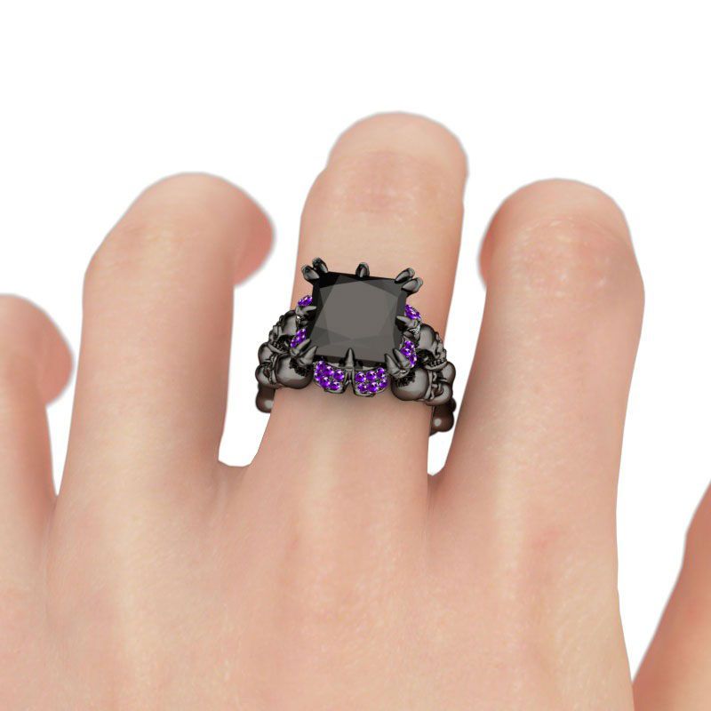 Victoria Wieck Brand New Punk Fashion Jewelry 10KT Black Gold Filled Princess Cut Amethyst CZ Diamond Women Wedding Skull Band Ring Gift