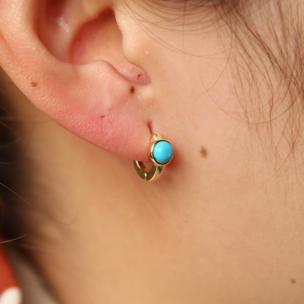 Real 925 Sterling Silver Turquoise Hoop Earring Mini Small Hoops Minimal Delicate Girl Women Gift Gold Plated Gemstone Earrings Wholesale