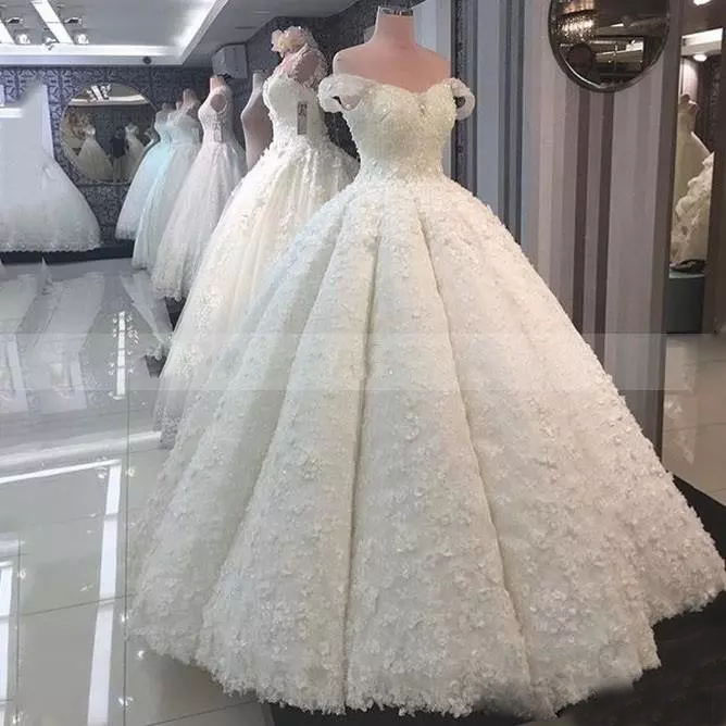 Sweet 3D-Floral Ball Gown Bridal Dress Glamorous Off The Shoulder Full Lace Floor Length Wedding Dresses Middle East Princess Wedding Dress