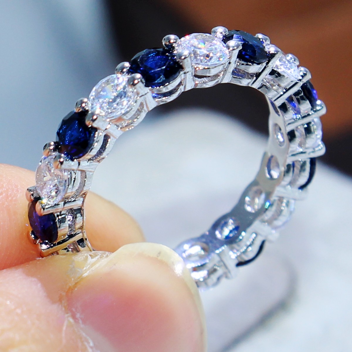 Sterling Sier Blue Sapphire CZ Eternity Wedding Band Ring for Women - Bohemian, Celtic, Asian & East Indian Styles Free shipping