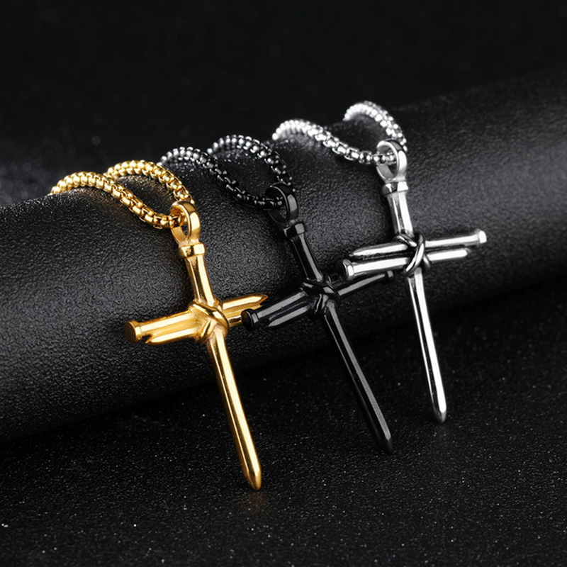 Hip Hop Gothic 316L Stainless Steel Nail Cross Pendant Necklace Gold Plated Mens Jewelry