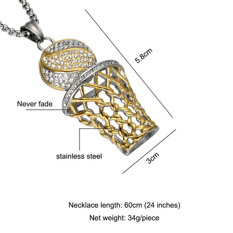 Hip Hop Basketball Pendant Necklaces Iced Out Bling Full Rhinestone basketball hoop Stainless Steel Chain Necklace For Mens Hiphop Jewelry
