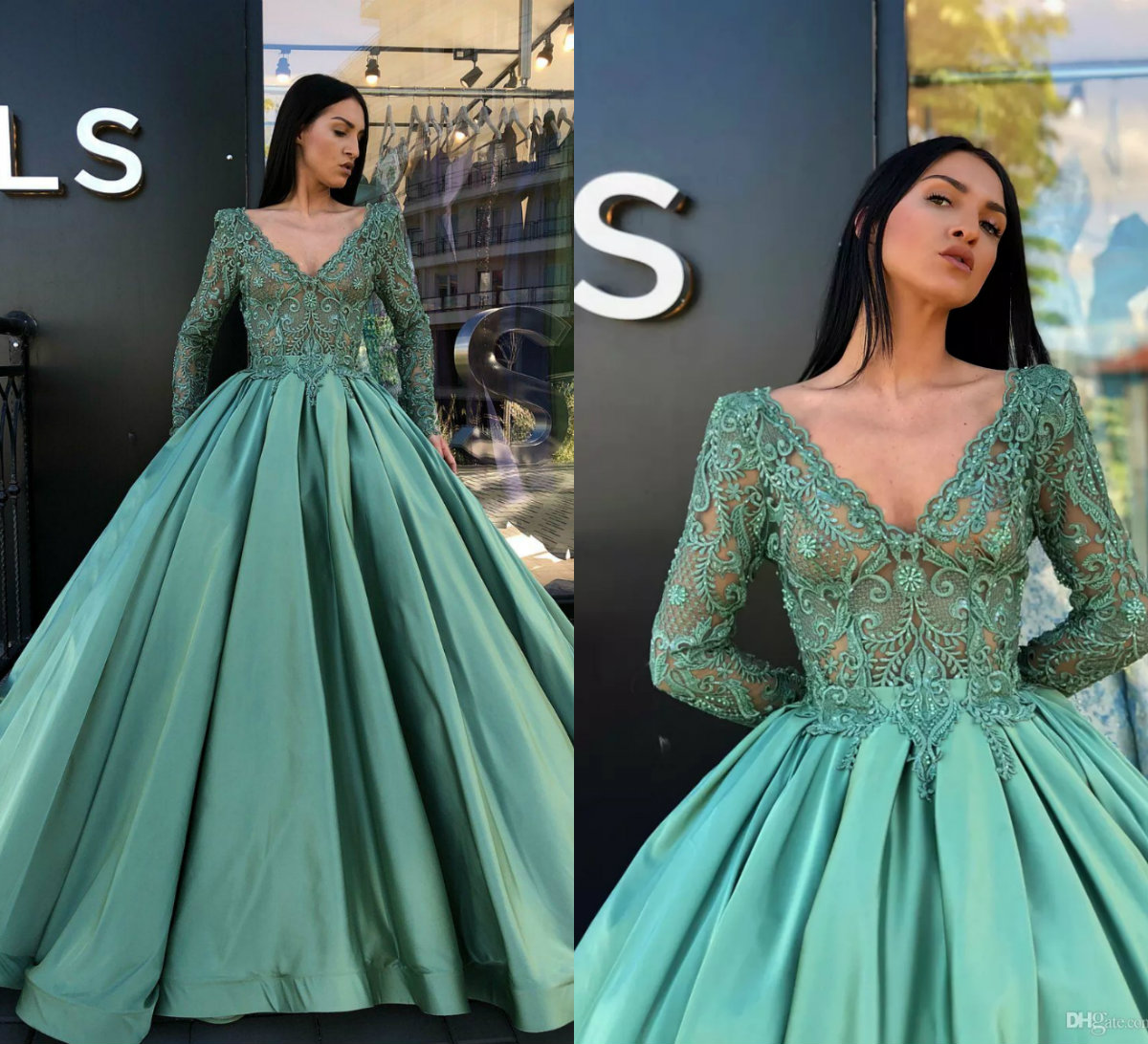 Aqua Deep V Neck Ball Gown Quinceanera Dresses Prom Dresses Pleats for Sweet 16 Princess Prom Dress Satin Lace Long Sleeve Evening Gowns
