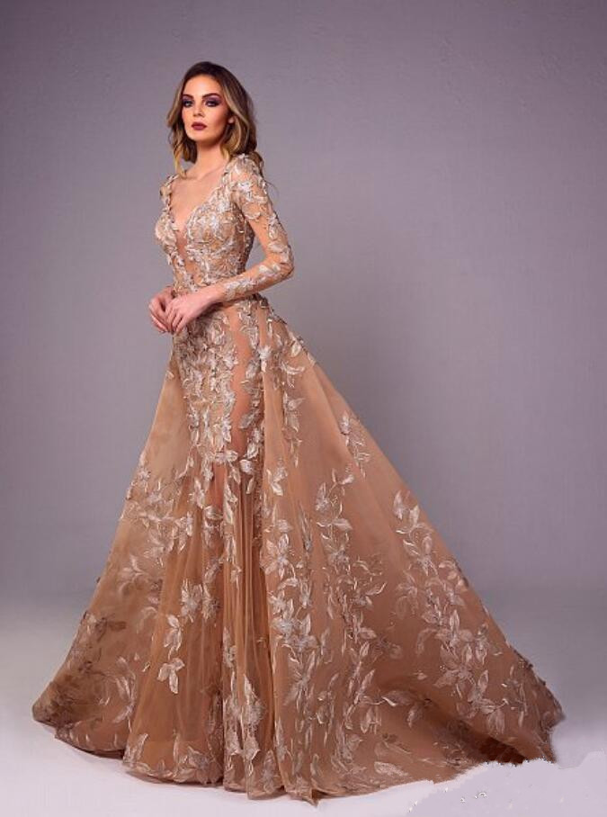Chaaya Mermaid Tony Evening Dresses With Detachable Overskirt Long Sleeves Prom Gowns Lace Applique Illusion Plus Size Formal Dress 0220