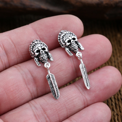 2018 new style 925 sterling silver jewelry hand-made designer antique silver stud earrings skull & feather for men & women
