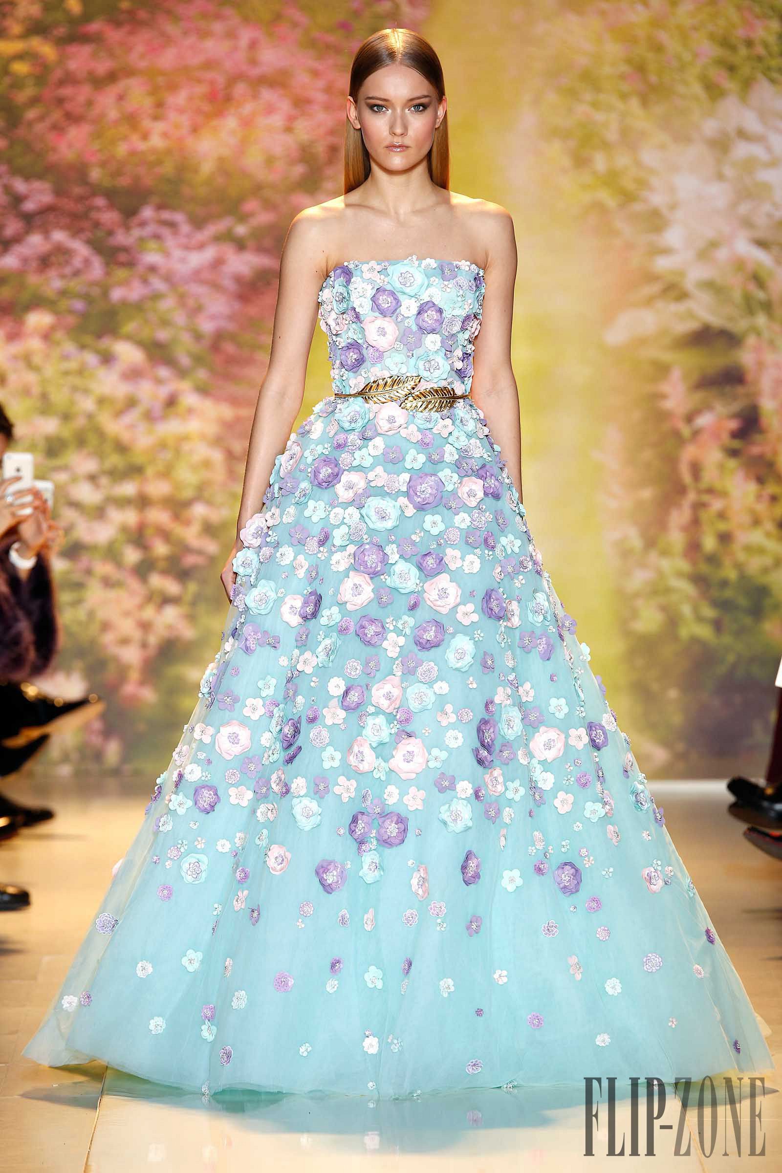 Zuhair Murad Prom Dresses Blue Tulle With Colorful 3D Floral Appliques A Line Strapless Formal Party Gowns With Sash Custom Made Dress