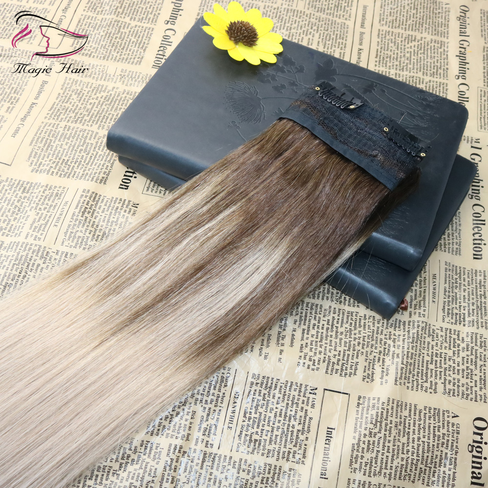 5 Clips One Piece Clip In Human Hair Extensions With Lace Straight Brazilian Virgin Hair Ombre Balayage Color #4 Fading To #18 70grams