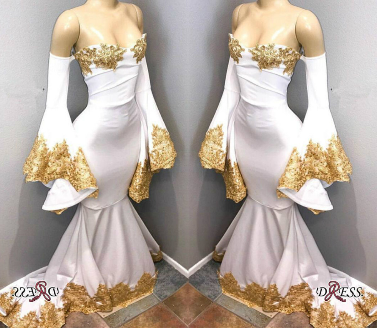 Vintage Prom Dresses White Satin Gold Lace Appliques Bell Sleeves Sweetheart Sweep Train Mermaid Evening Dress Party Wear Real Pictures