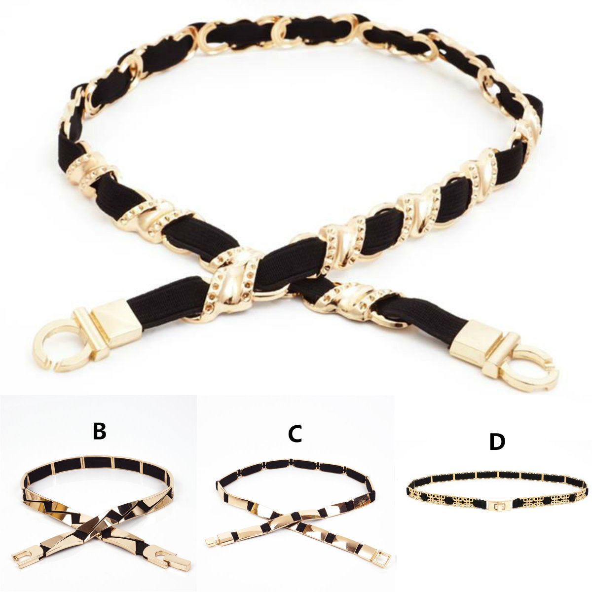 2018 New Arrival Metal Designer Belts Gold Elastic Formal Women Waist Belt With Different Geometry Designs