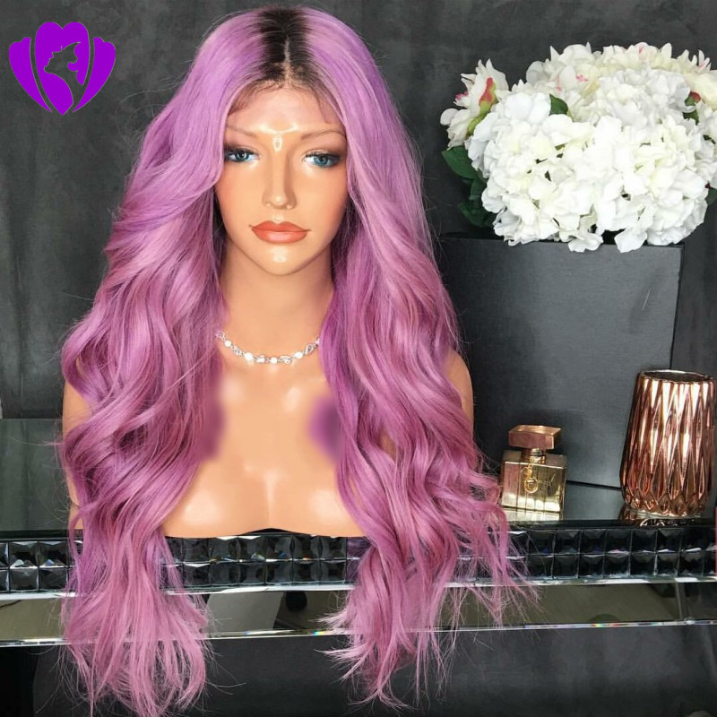 dark Roots Ombre Mixed Purple synthetic lace front wig Hand Tied long body Wave Heat Resistant Hair Synthetic wigs for Women