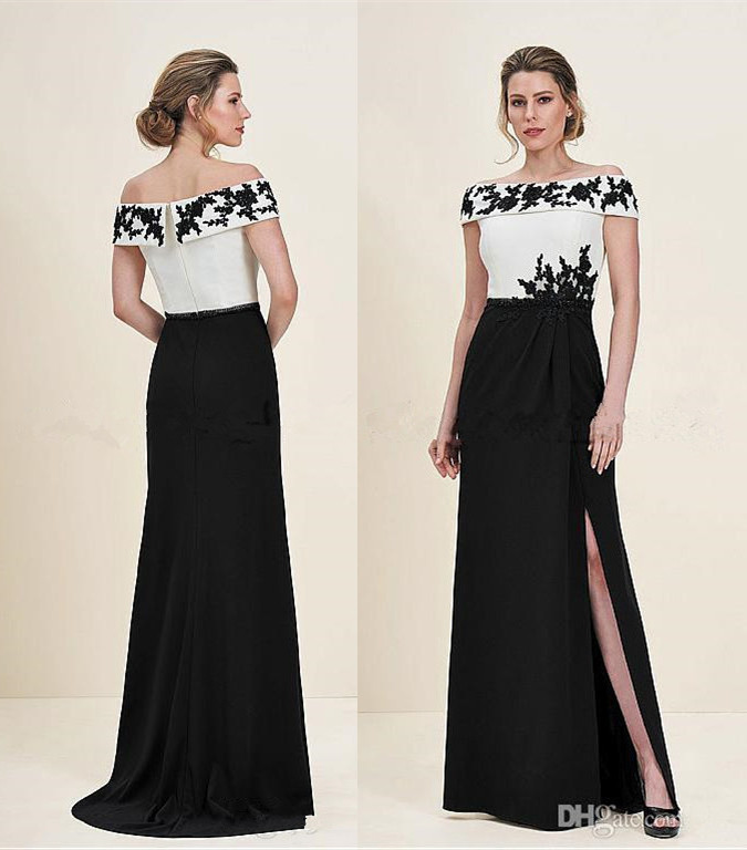 Modest White and Black Side Split Long Mother of the Bride Dresses 2018 Bateau Neck Black Applique Zipper Back Wedding Guest Dress
Modest White and Black Side Split Long Mother of the Bride Dresses 2018 Bateau Neck Black Applique Zipper Back Wedding Guest Dress