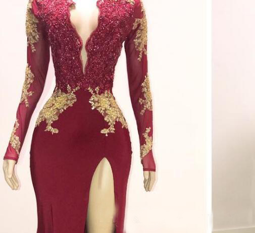 Arabic Burgundy Mermaid Prom Dresses Long Sleeve Formal Evening Dress Side Split Appliqued Open Back Special Occasion Gowns