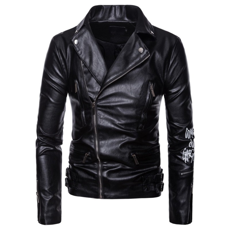 Ropa De Hombre PU Leather Jackets For Men Plus Size Black Printing Zip Mens PU Leather Jacket Mens Coats Jaqueta Masculin M-5XL