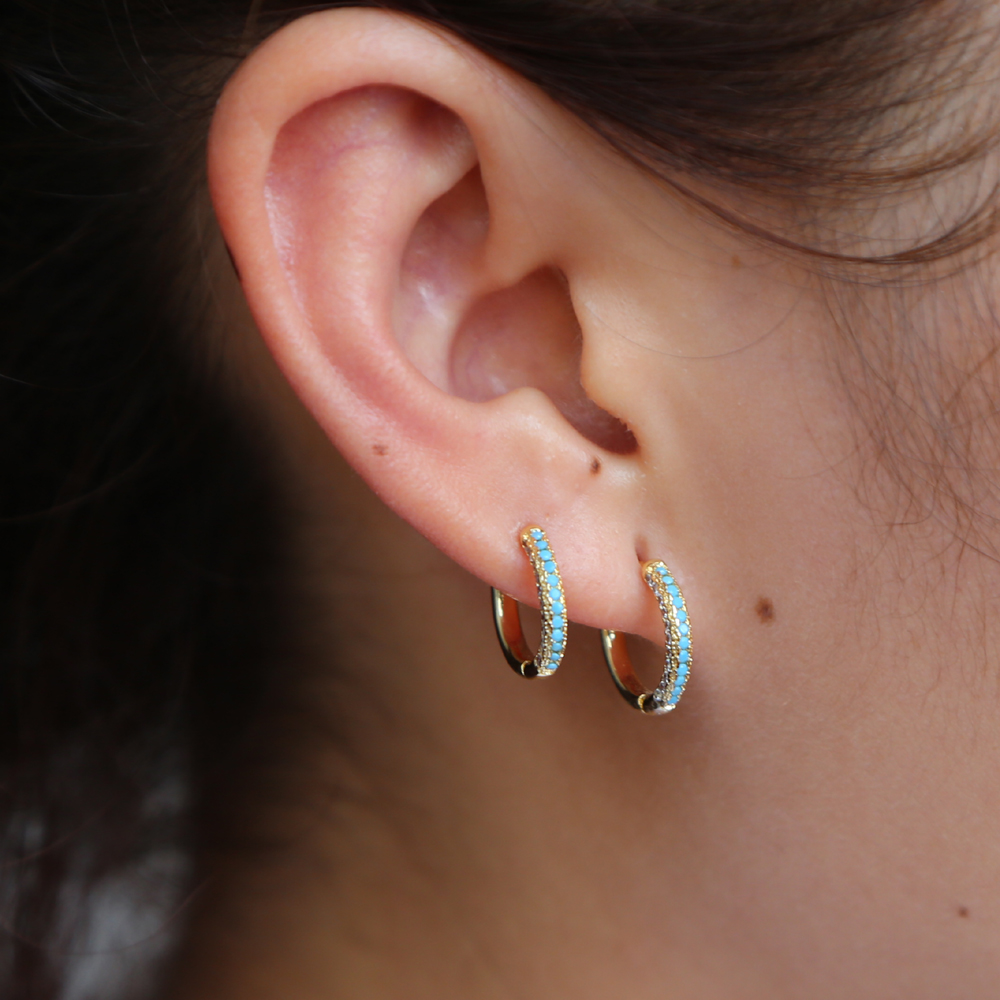 Blue turquoise & white cubic zirconia round 13mm hoop earring Huggie hoope multi piercing fashion women earbone jewelry