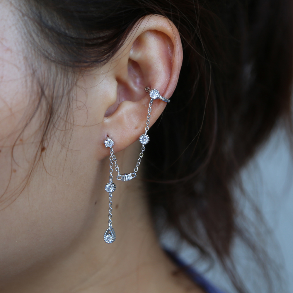 1 piece elegance tassel earring for women 925 sterling silver single cz stud circle ear cuff link chain gorgeous european women jewelry