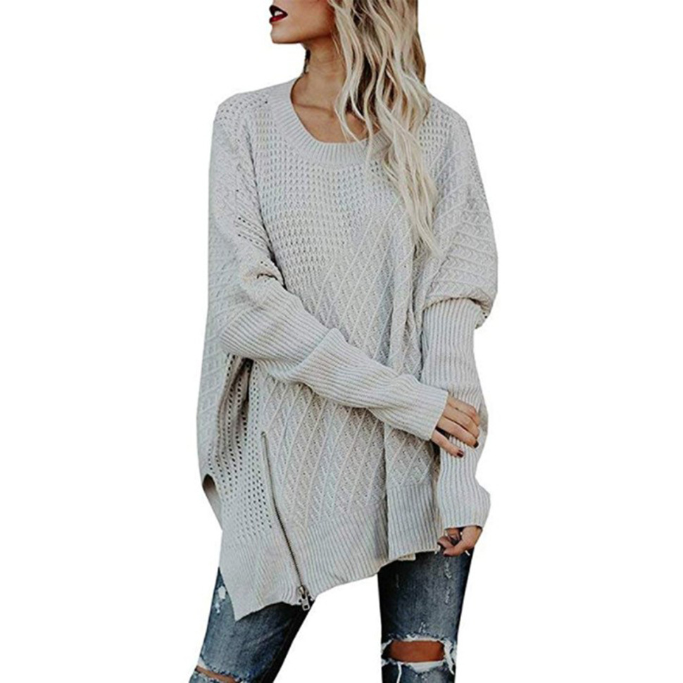 European fashion solid color sexy zipper bat sleeve off-shoulder sweater S M L XL support mixed batch