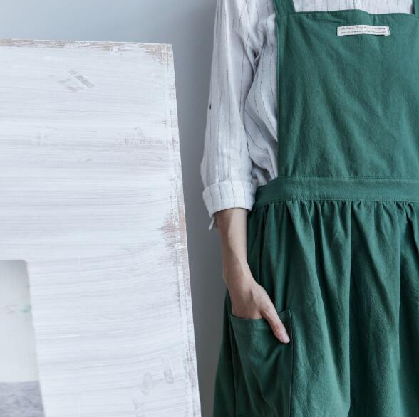 Pleated Skirt Design Apron Simple Washed Cotton Uniform Aprons for Woman Lady's Kitchen Cooking Gardening Coffee Shop