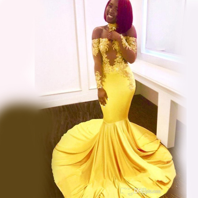 New Elegant Yellow Off the Shoulder Lace Prom Dresses 2020 Formal Long Sleeves Mermaid Appliques Satin Arabic Evening Gowns
