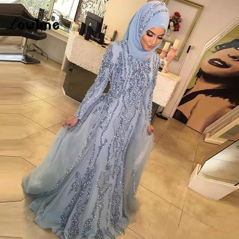 Luxury Muslim Mermaid Prom Dresses With Detachable Train Long Sleeve Bling Sequined Beads Dubai Arabic Evening Gowns Formal Dress Party Wear