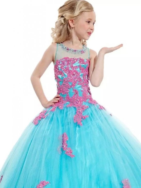 Princess Girls Pageant Dresses High Quality Sheer Neck Shiny Beads Red Lace and White Tulle Keyhole Back Little Girls Ball Gown Prom Dresses