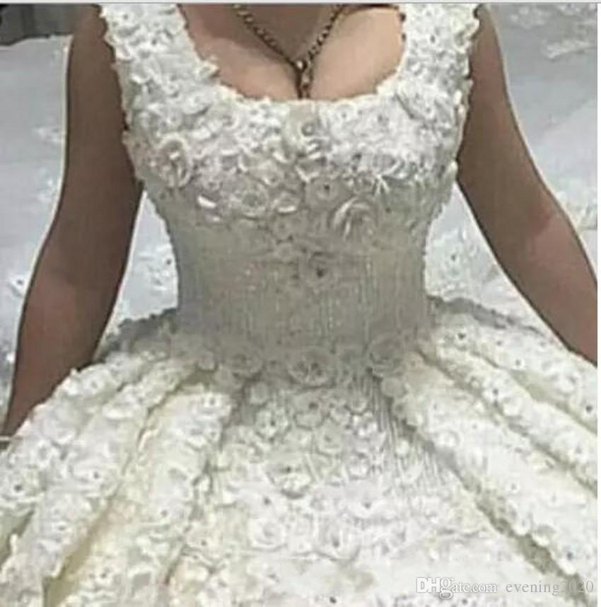 Luxury Saudi Arabia Ball Gown Wedding Dresses Strap Scoop Neck Beads Lace Bridal Gowns Sequined Country Plus Size Wedding Dress