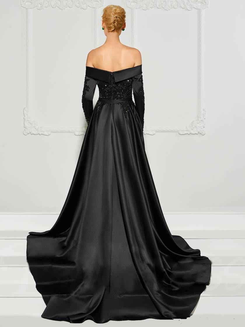 Fashion Black Lace Jumpsuits Evening Dresses With Detachable Train Off The Shoulder Beaded Formal Gowns Long Sleeves Pant Suits Prom Dress