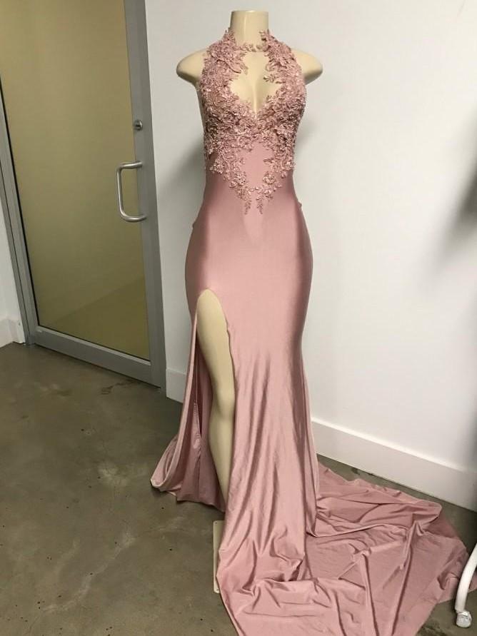 2018 Split Pink Prom African Mermaid Party Lace High Thigh Slit Evening Gowns Appliqued Celebrity Dresses 0510