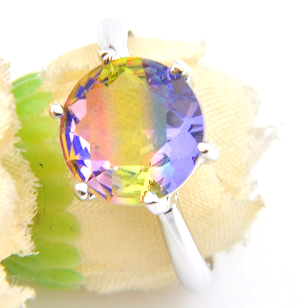 Charm Women Rings 5 Pcs Lot Round Bi Colored Tourmaline Gems 925 Sterling Silver Plated Cz Wedding Ring USA Size 7 8 9