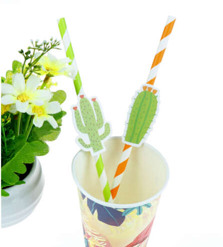 Cactus Paper Drinking Straws Disposable Paper Straws Party Supplies With Attach Decor Party Bar Cocktail Drink Card Print 100 pcs