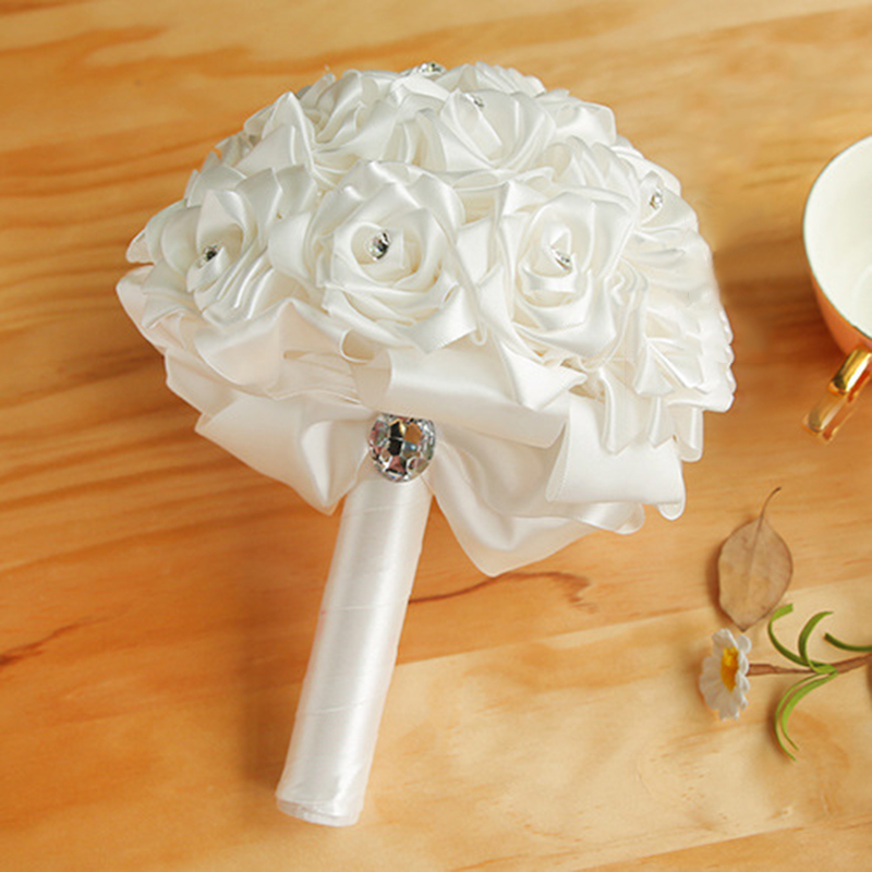 Satin Rose Wedding Bridal Bouquets Handmade Flowers Artificial Rose Crystals Wedding Supplies Bride Holding Flowers Brooch Bouquet CPA1589