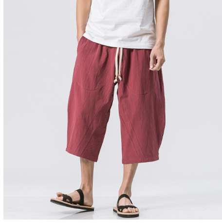 Men's Linen trousersFashion Men's Elastic Waist Wide Leg Cotton Harem Baggy mens Pants Patchwork Linen Capri Trousers