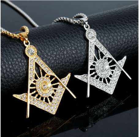 Stainless Steel Masonic Necklace Fashion Crystal Jewelry Charm Mason Iced-out Pendant Hip Hop Chain Necklace For Women Men