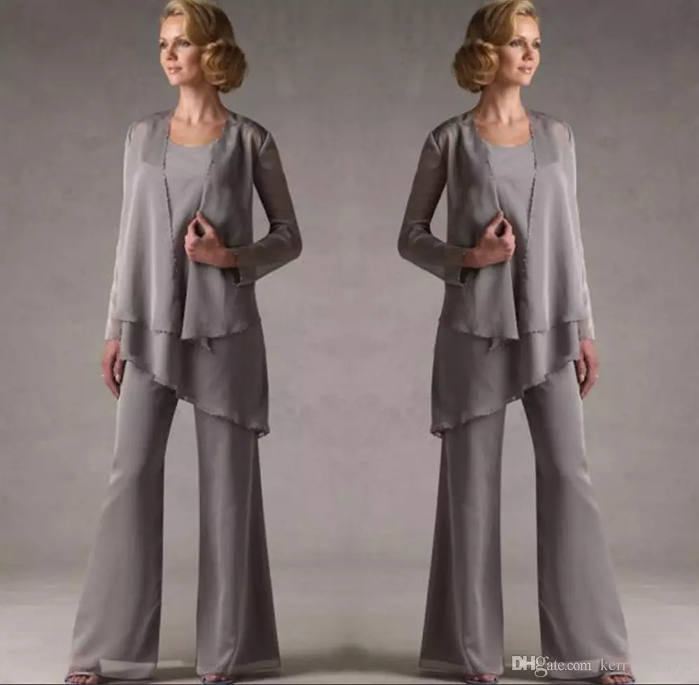 Mother Of The Groom Grey Chiffon Bridal Mother Bride Pant Suits With Jacket Women Evening Pant Suits Long Sleeve Evening Dresses