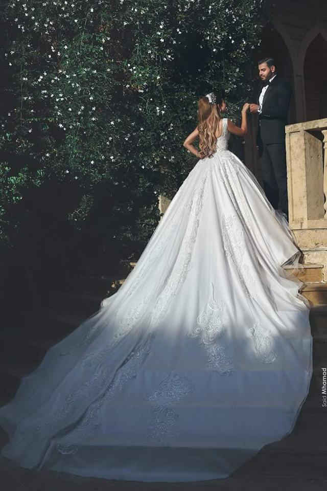 Mhamad New Said Dubai Arabic Long Sleeves Spaghetti Robe De Mariage Court Train Wedding Dress Bridal Gowns